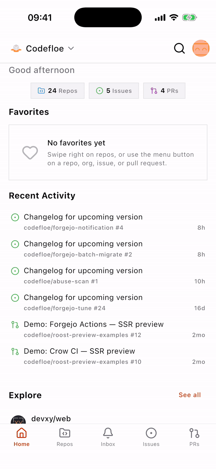 Switching between a codefloe.com and a git.devxy.io account from the home screen